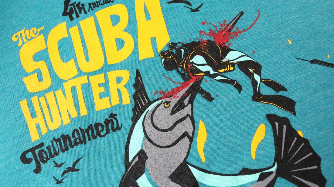 Scuba Hunter Tournament tee detail — grey colourway